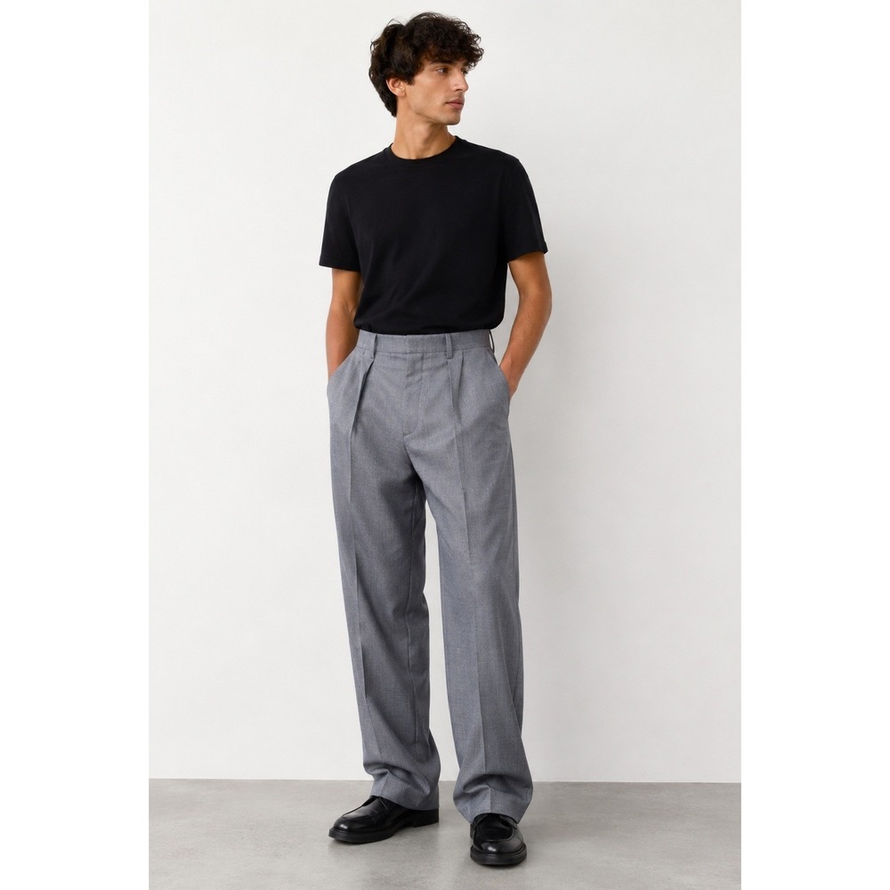 Acne Studios Light Blue Metallic Wool Pleated Wide Leg Trousers Size 54 US 38